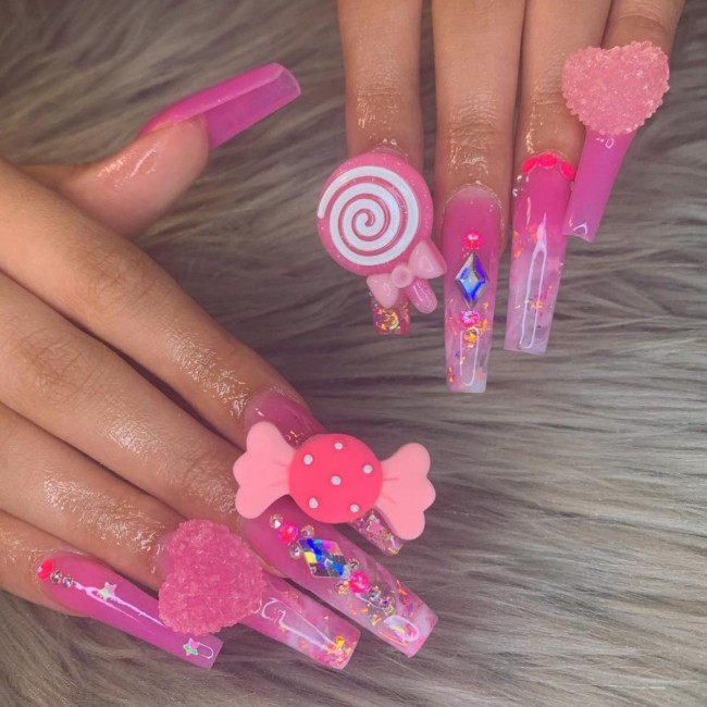 40+ Girly Kawaii Nail Art Designs — Transparent Pink Kawii Nails