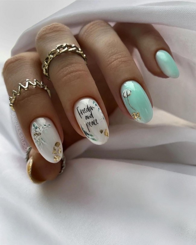 40+ Trendy Flower nail designs 2022 — Pastel Green + White Flower Nails