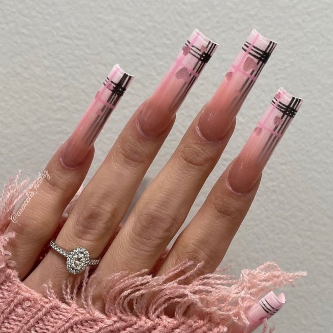 49 Beautiful Valentine’s Day Nails — Pink Plaid + Heart Nails