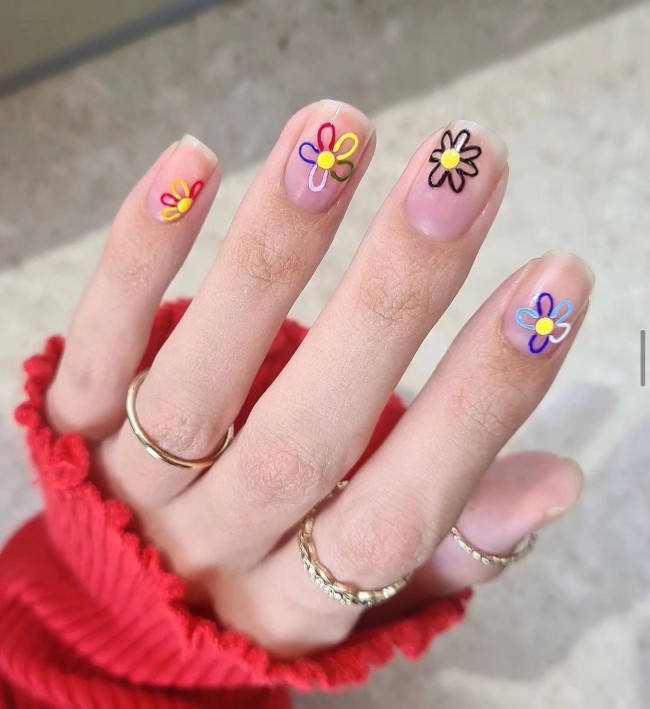 40+ Trendy Flower nail designs 2022 — Outline Floral Nails