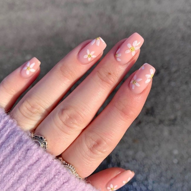 45 Pretty Nail Designs for Spring — Flower Matte Nude Nail Art Design