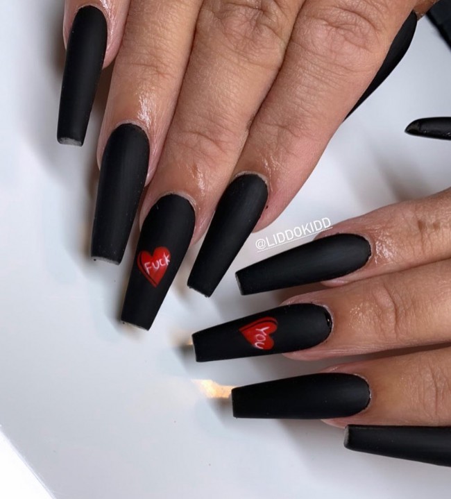 49 Beautiful Valentine’s Day Nails — Heart on Matte Black Nails