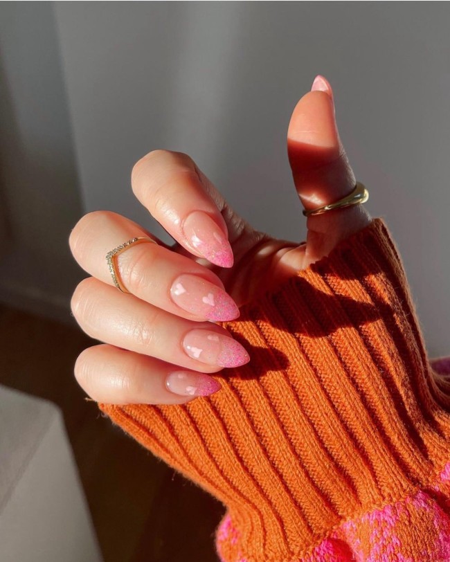 30+Trendy French Tip Nails for Valentines — Ombre Glitter Pink Tip Nails