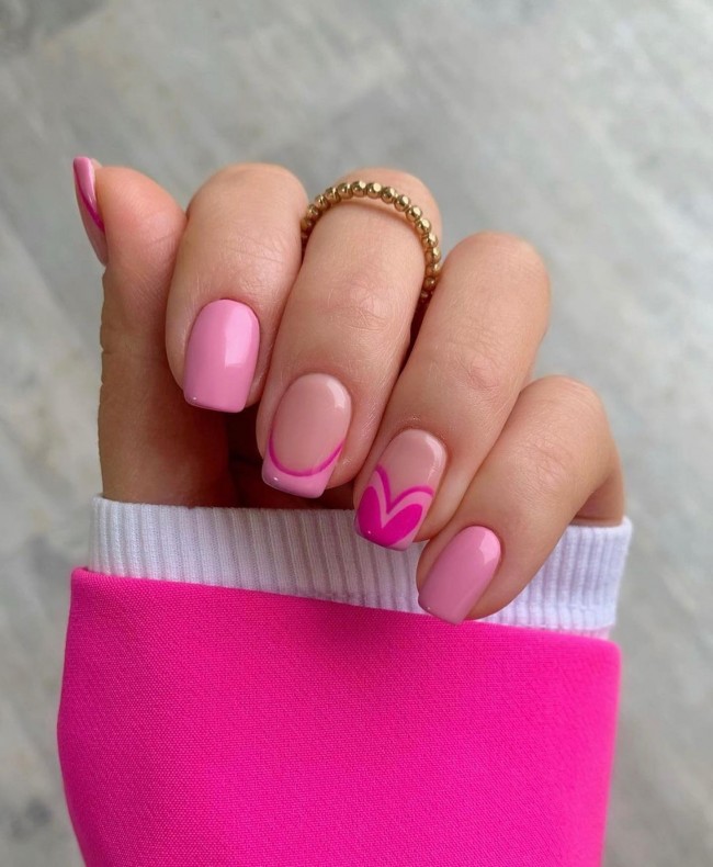 49 Beautiful Valentine’s Day Nails — Mix n Match Pink Heart & Simple Nails