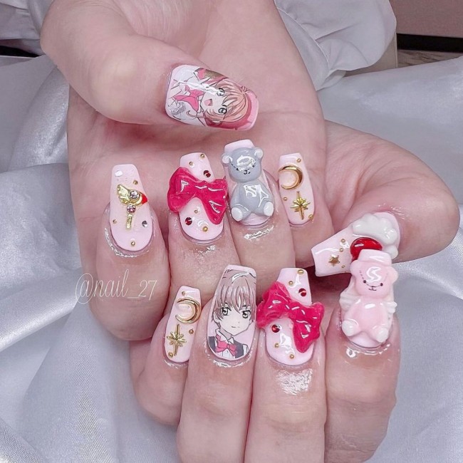 40+ Girly Kawaii Nail Art Designs — Cartoon Pink Kawaii Nails