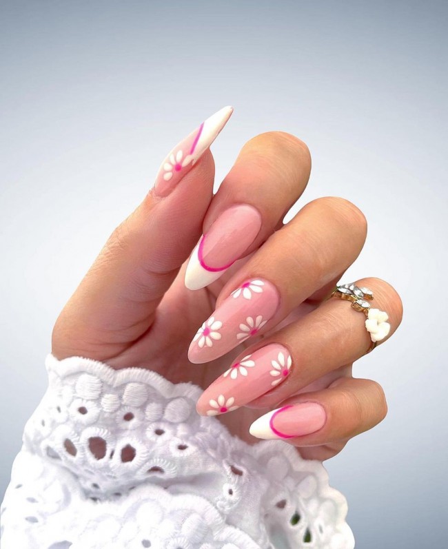 45 Pretty Nail Designs for Spring — White Floral + French Tips