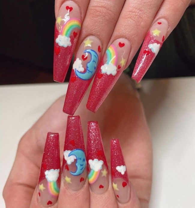 40+ Girly Kawaii Nail Art Designs — Rainbow & Red Ombre Nails