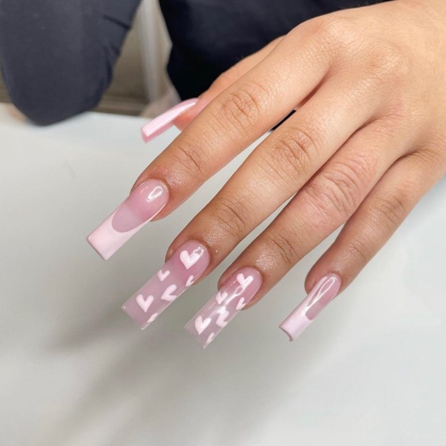 40+Crazy Cute Valentine’s Day Nails —Pink Heart Translucent & French Nails