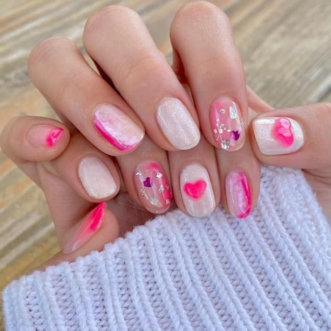 40+ Girly Kawaii Nail Art Designs — Jelly Heart Shimmery White Kawaii Nails