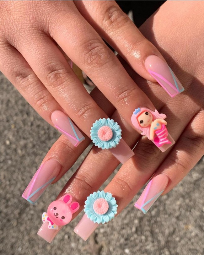 40+ Girly Kawaii Nail Art Designs — Cartoon Embellishment French Nails