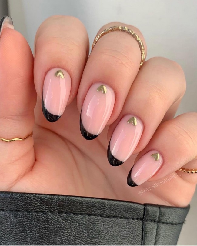 Valentine’s Day Nails That We Heart It — Tiny Gold Heart Black Tip Nails