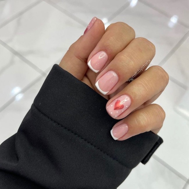 40+Crazy Cute Valentine’s Day Nails — French Nails with Red Heart