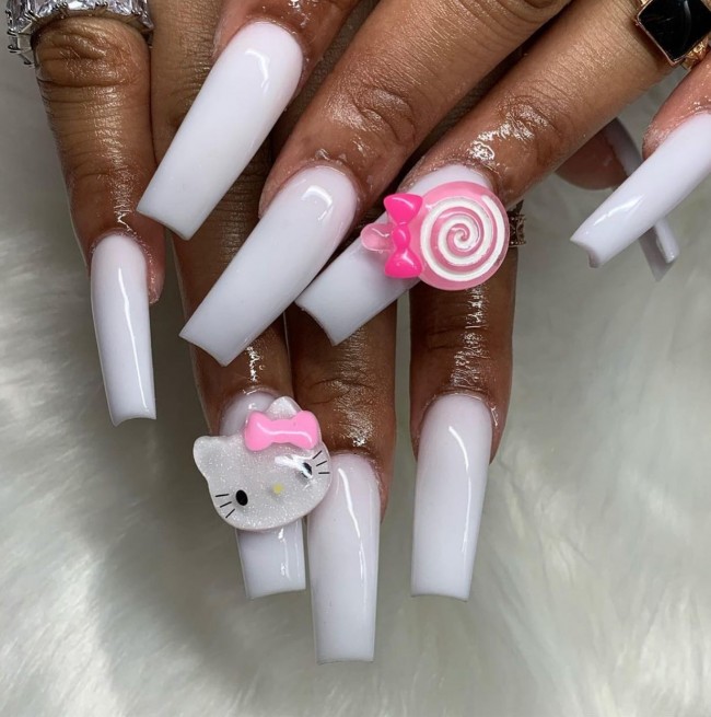 40+ Girly Kawaii Nail Art Designs — Acrylic White Hello Kitty & Sweet