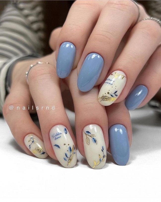 45 Pretty Nail Designs for Spring — Floral & Blue Grey Nail Art