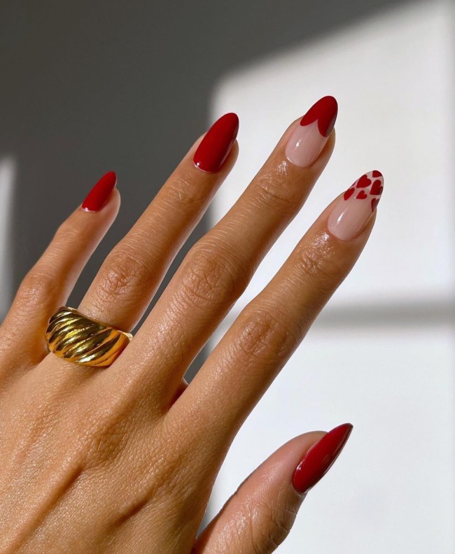 30+Trendy French Tip Nails for Valentines — Deep Red Heart Tips