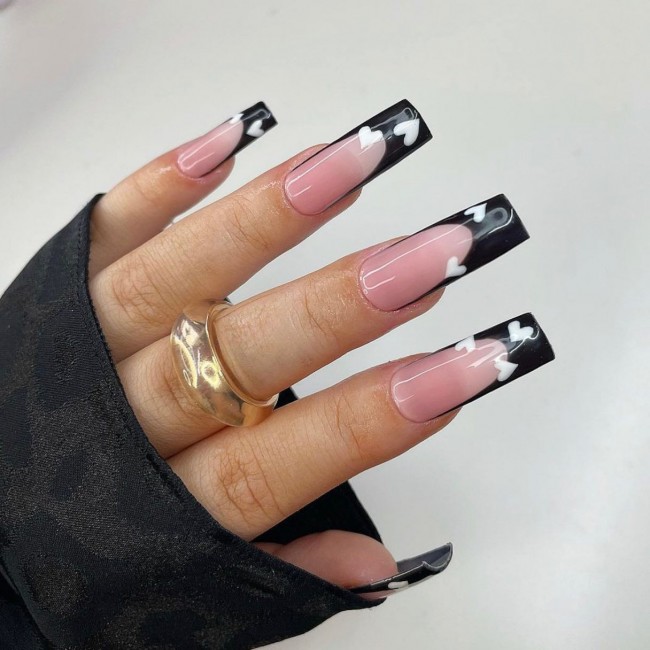 49 Beautiful Valentine’s Day Nails — Heart Black French Tip Nails