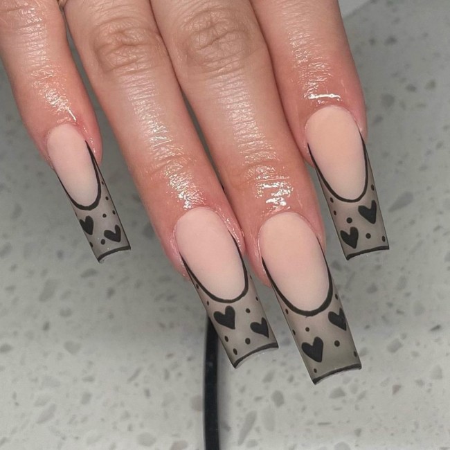 49 Beautiful Valentine’s Day Nails — Black Heart Lace French Nails