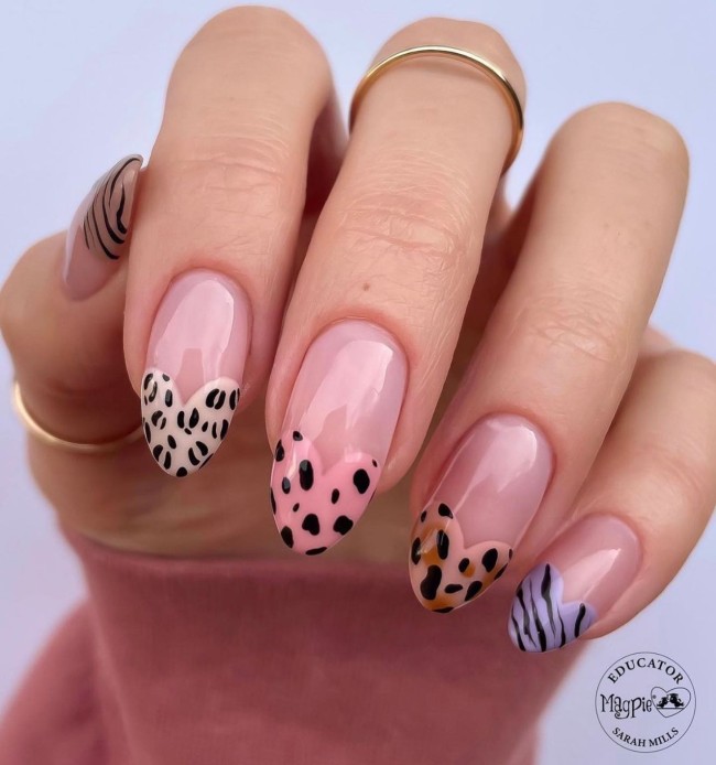 30+Trendy French Tip Nails for Valentines — Animal Print Heart Tips