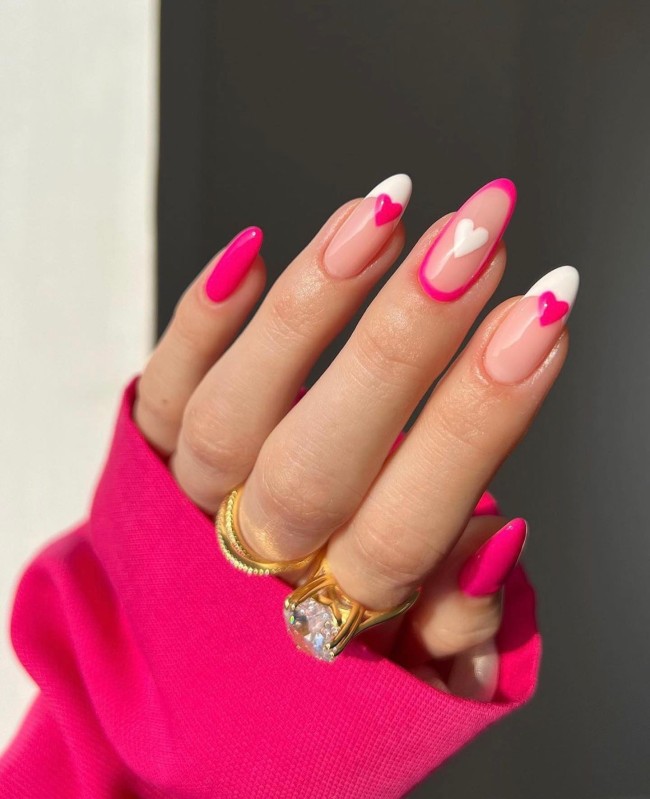 30+Trendy French Tip Nails for Valentines — Hot Pink Outline + White Tip Nails