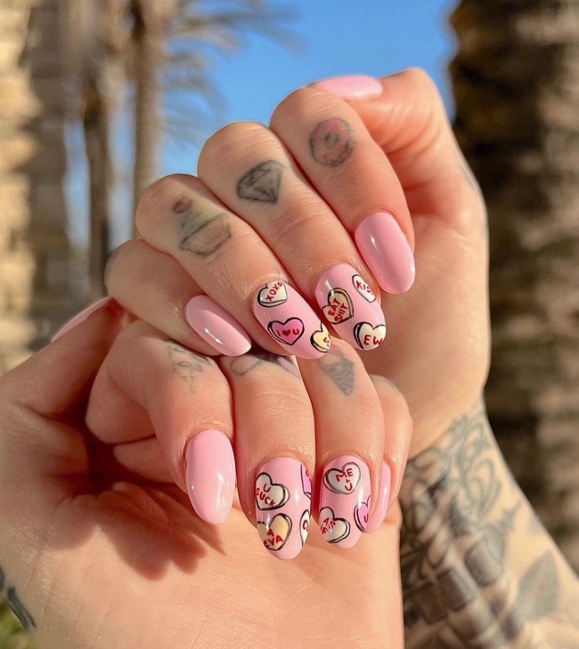 49 Beautiful Valentine’s Day Nails — Candy Heart Nails