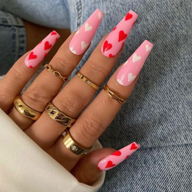 40+Crazy Cute Valentine’s Day Nails — Pink Coffin-Shaped Nails