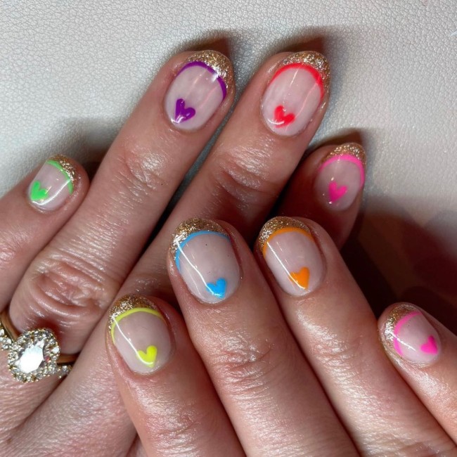 30+Trendy French Tip Nails for Valentines — Glitter Gold over Different Color Tips