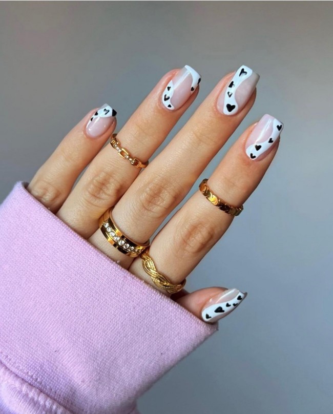 49 Beautiful Valentine’s Day Nails — Black and White Heart & Swirl Nails