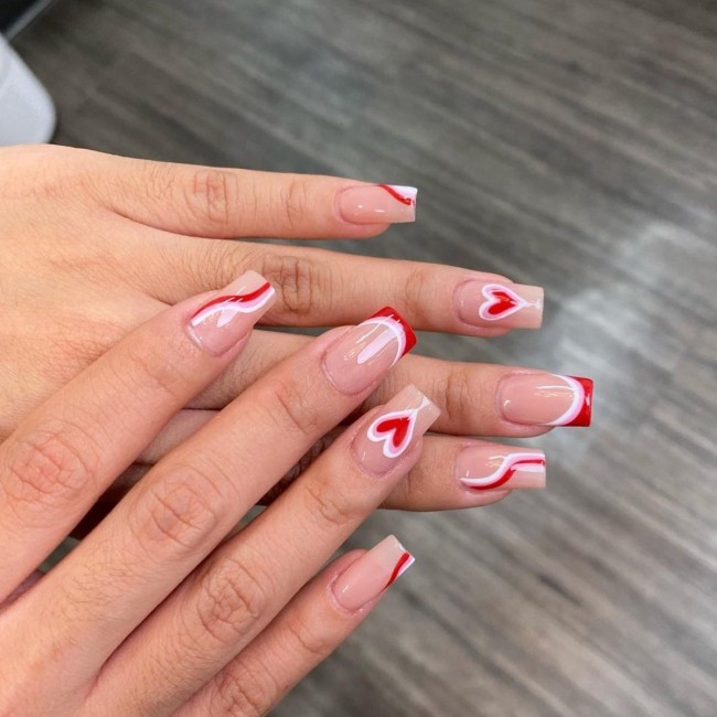 30+Trendy French Tip Nails for Valentines — Layered Heart & Tip Nails