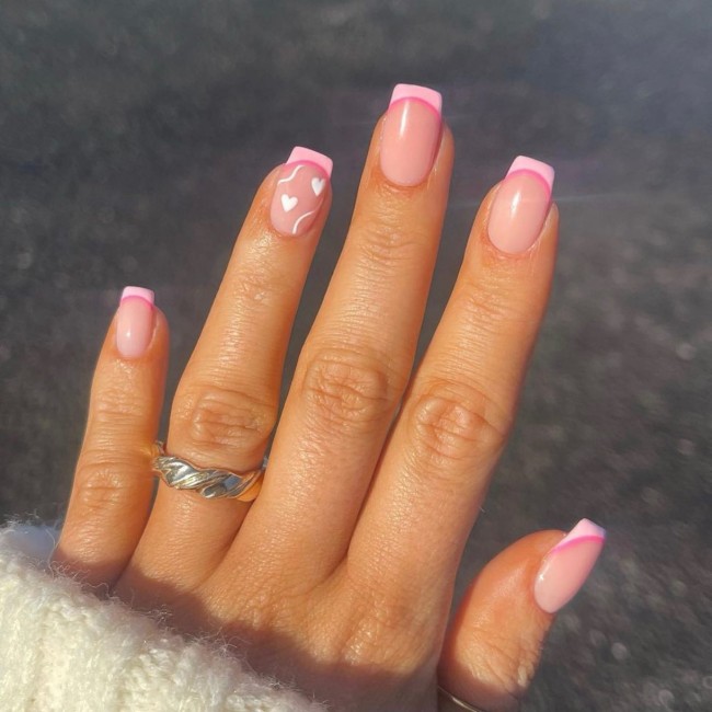 30+Trendy French Tip Nails for Valentines —  Light Pink with Hearts