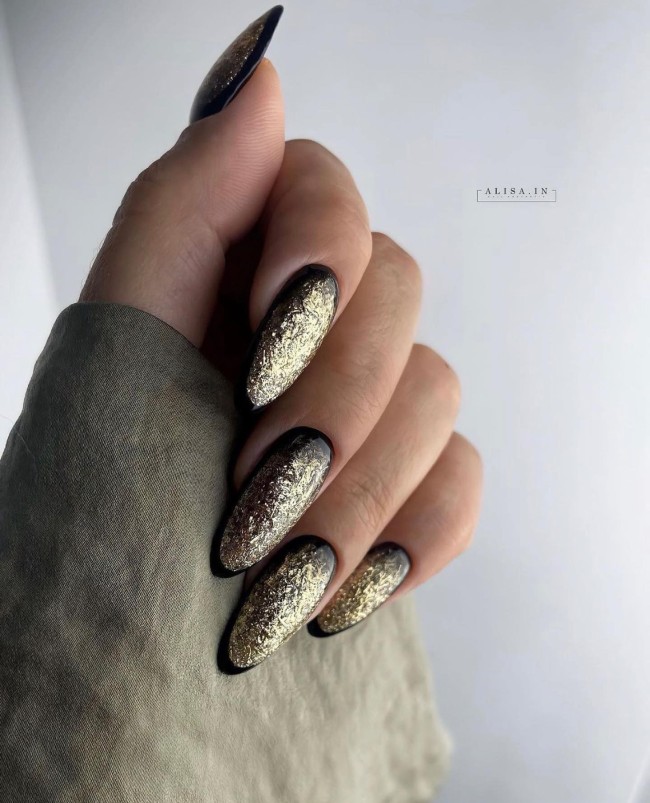 30+ Charming Black Nail Designs — Gold Foil Black  Nail Art