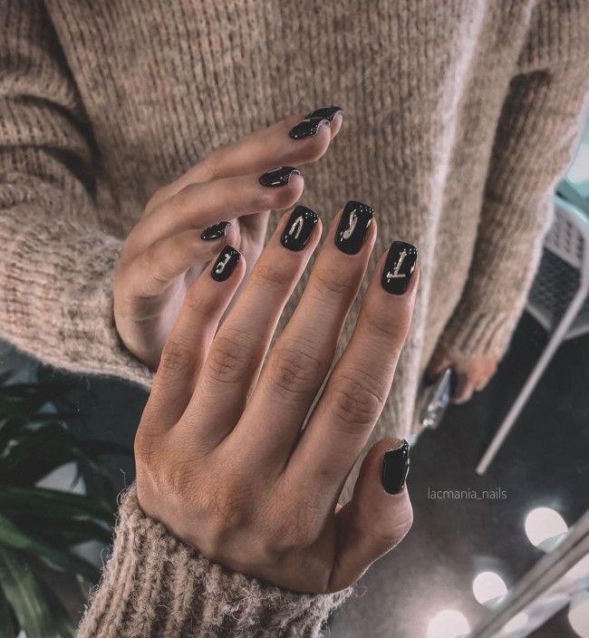 30+ Charming Black Nail Designs — ” True” Gold Written Black Nails