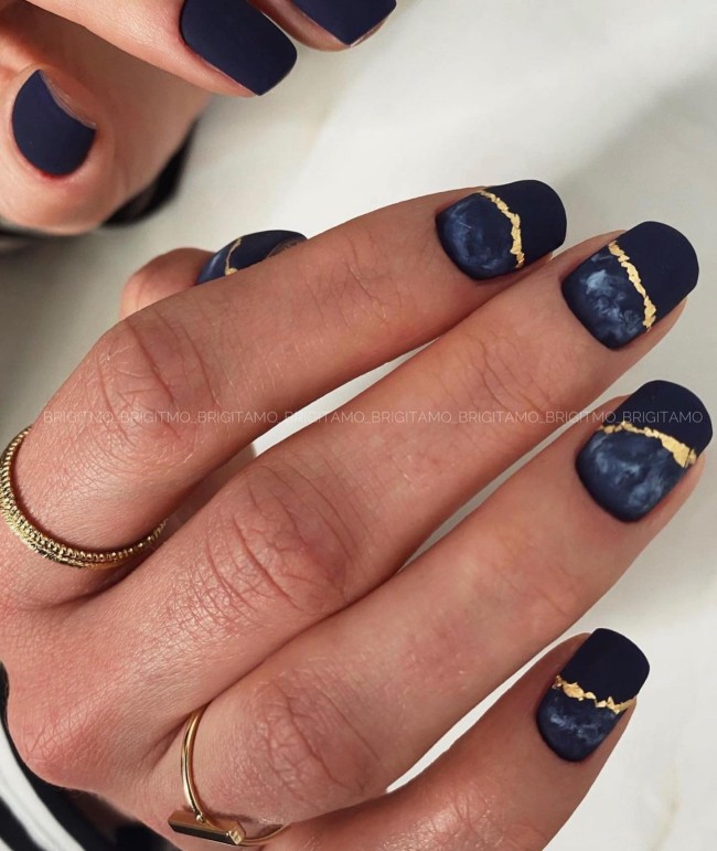 30+ Charming Black Nail Designs — Half Smokey Half Black Nails with Gold Details