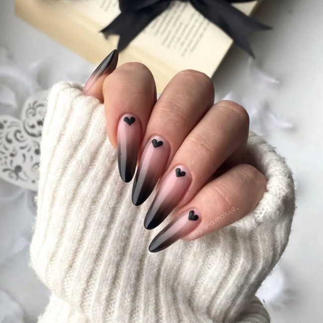 30+ Charming Black Nail Designs — Black and Nude Ombre Nails with Black Hearts