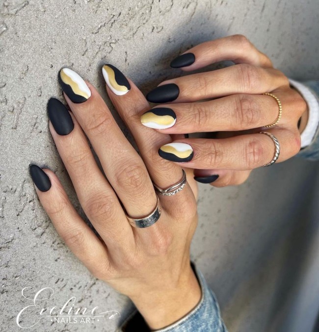 30+ Charming Black Nail Designs — Abstract Black Nails with Gold and White