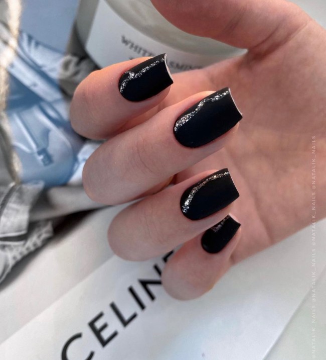 30+ Charming Black Nail Designs — Matte Black Nails with Glitter Gold Accents