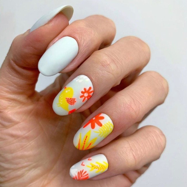 45 Ways to Wear Spring Nail Designs in 2022 — Orange and Yellow Design on White Nails