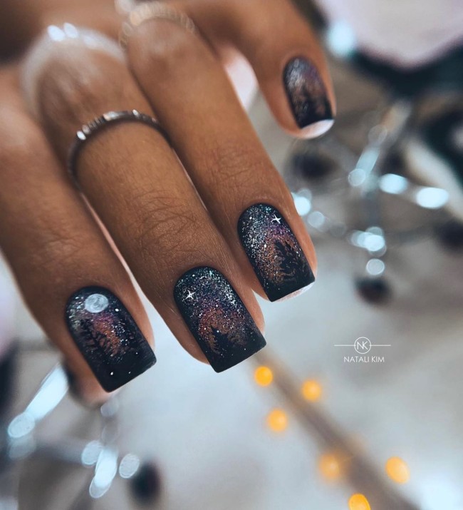 30+ Charming Black Nail Designs — Shiny Night Sky Black Nails