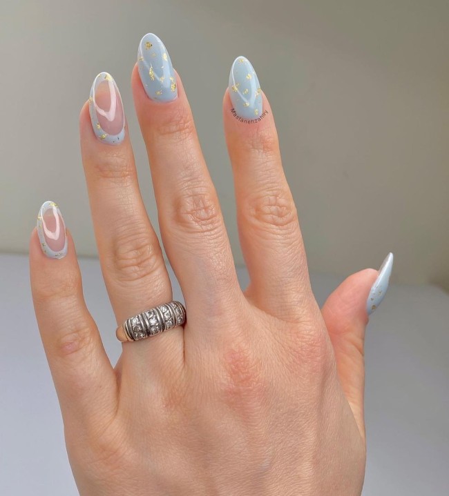 45 Ways to Wear Spring Nail Designs in 2022 — Soft Pastel Blue Nails with Gold Foil