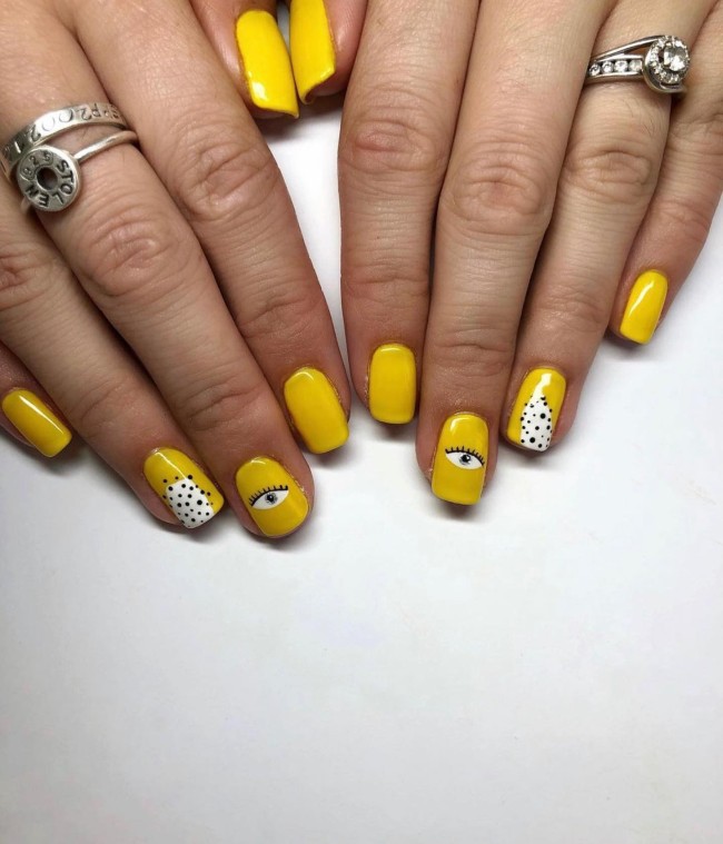 30 Yellow Nail Designs To Spice Up Your Day — Abstract Yellow Nail Design