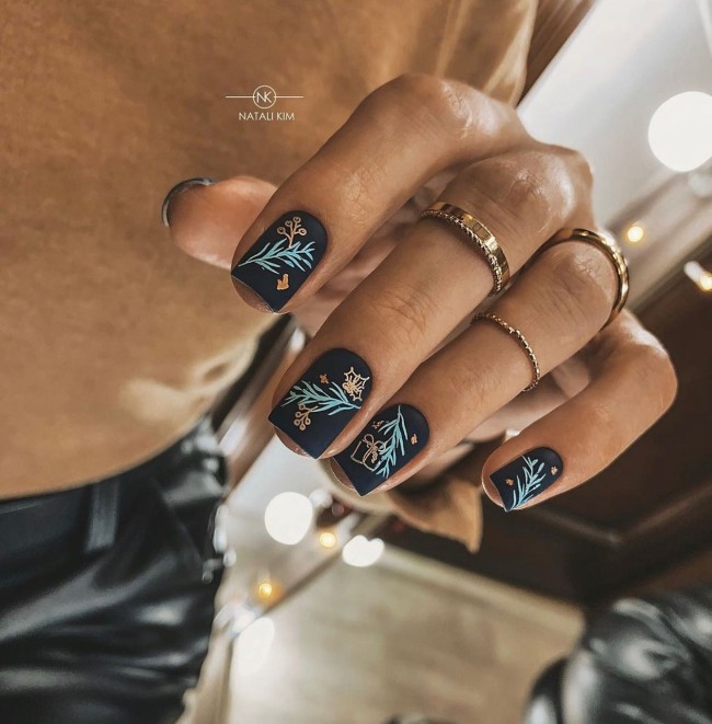 30+ Charming Black Nail Designs — Blue and Gold Leaf Black Nails