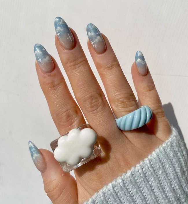 40 Fluffy Cloud Nails 2022 — Ombre Blue Grey Cloud Nail Design