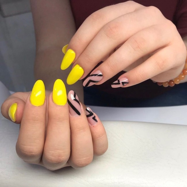 30 Yellow Nail Designs To Spice Up Your Day — Black Swirl & Yellow Nail Design