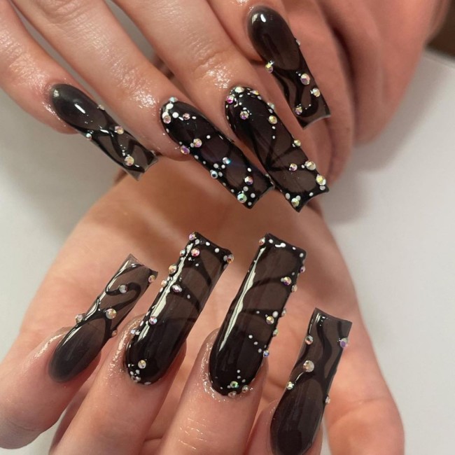 30+ Charming Black Nail Designs — Lace Butterfly Nails with Rhinestones