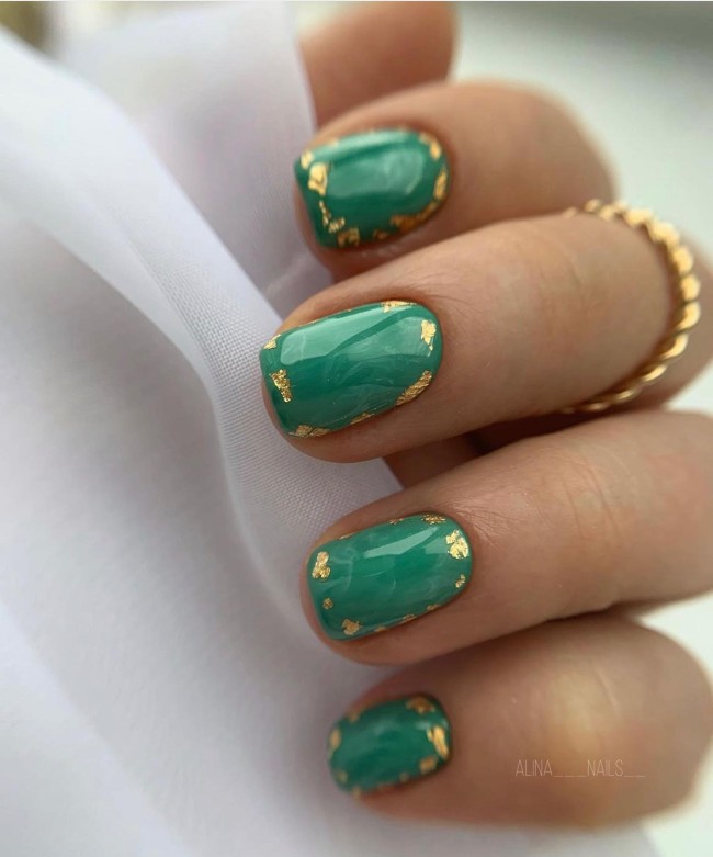 45 Ways to Wear Spring Nail Designs in 2022 — Marble Green Nails with Gold Foil