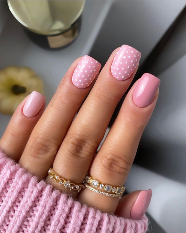 50 Spring Nail Designs 2022 — White Polka Dot Pink Nails