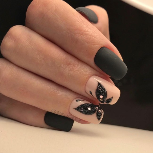 30+ Charming Black Nail Designs — Black Butterfly Nude Nails