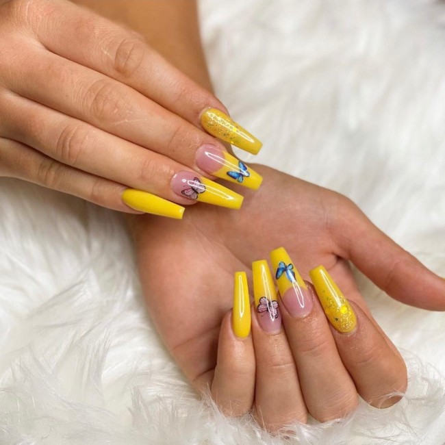 30 Yellow Nail Designs To Spice Up Your Day — Butterfly Yellow Tips