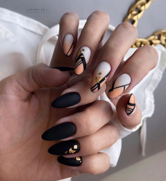 30+ Charming Black Nail Designs — Matte Black Nails with Gold Foil