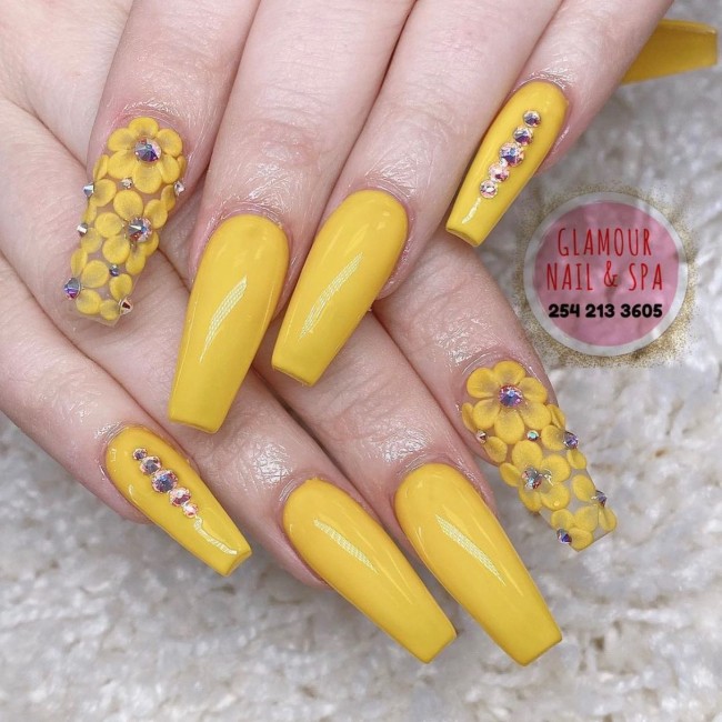 30 Yellow Nail Designs To Spice Up Your Day — 3D Floral Yellow Nails