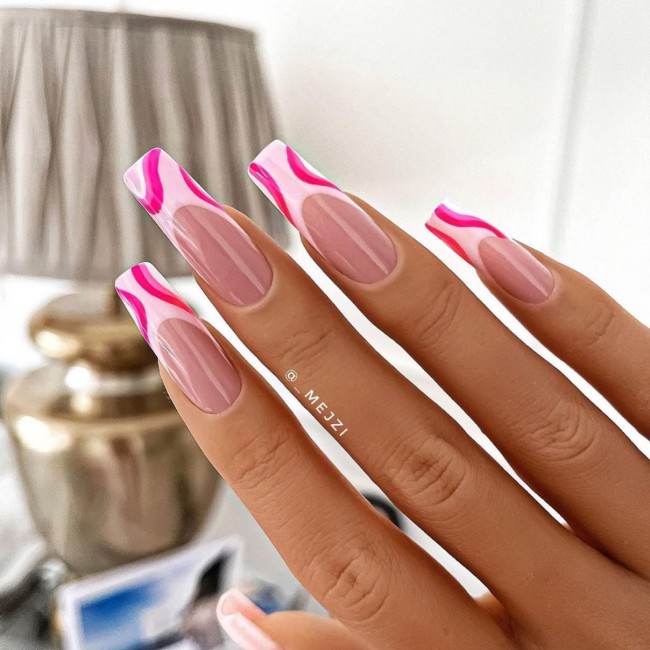 50 Spring Nail Designs 2022 — Pink Swirl French Tip Nails